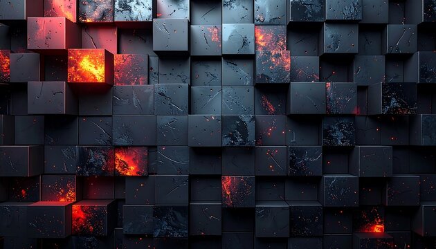 A textured mosaic of grey cubes with glowing red/orange interiors, creating an abstract, dynamic, and fiery visual