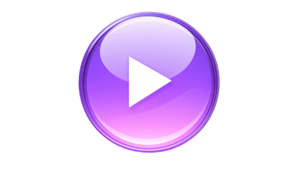 A luminous, purple orb containing a crisp white play symbol, set against a stark black background