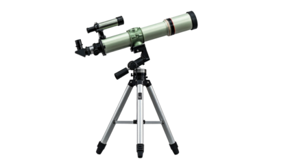 Silver telescope on tripod against black backdrop, angled upwards, ready to view celestial bodies far away