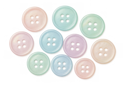Colorful pastel sewing buttons with four holes illustrating craft, fashion, and creativity on a transparent background
