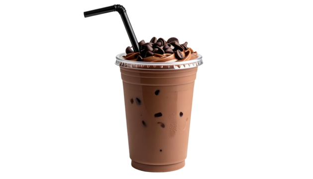Refreshing iced chocolate drink topped with dark chocolate chips in a clear plastic cup, and a black straw