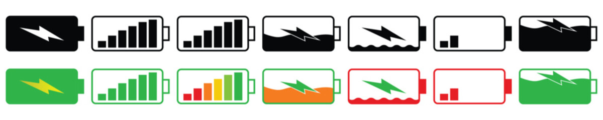 Battery level indicators. Colorful battery charge level icons. Battery power level pictograms in outline defrent style. Vector