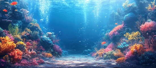 Fototapeta premium Underwater scene with colorful coral reefs, blue water, sunlight beams and fish.