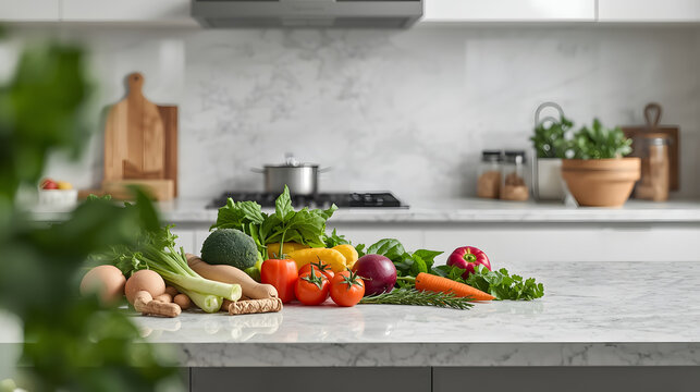 Fresh Vegetables And Herbs On A Modern Kitchen Counter With Bright Natural Light - Powered by Adobe