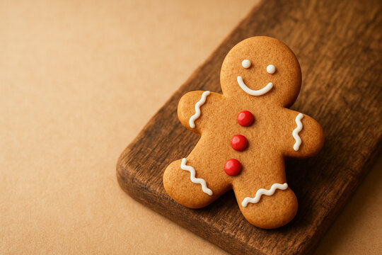 A single, beautifully decorated gingerbread man with white icing and red candy buttons, placed on a rustic wooden board. Soft-focus background in a warm beige tone, offering generous copy space.