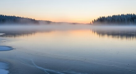 Misty Winter Sunrise Over a Frozen Lake and Forest