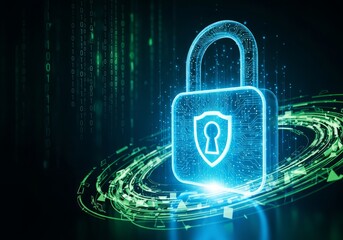 Glowing blue padlock with shield icon surrounded by digital elements on a dark background scene