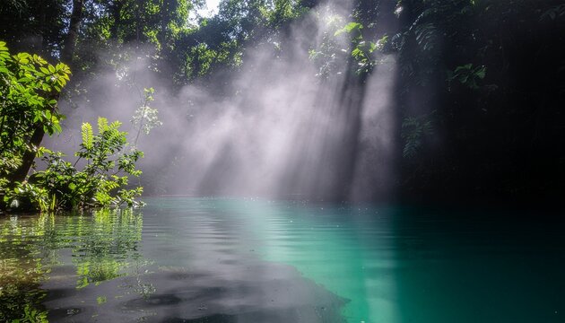 Sinar matahari menari di atas laguna biru kehijauan yang mistis