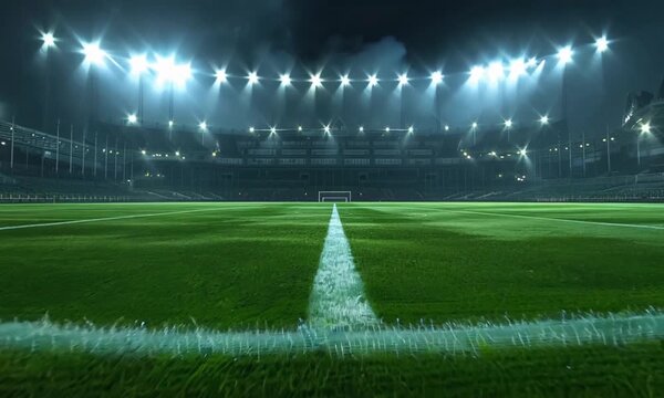 Football stadium at night, with bright lights shining, footage&nbsp;video animation background.