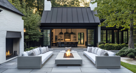 Modern outdoor living space featuring sleek gray sofas, a central fire pit, and warm evening ambiance surrounded by lush greenery and soft lighting — generative AI