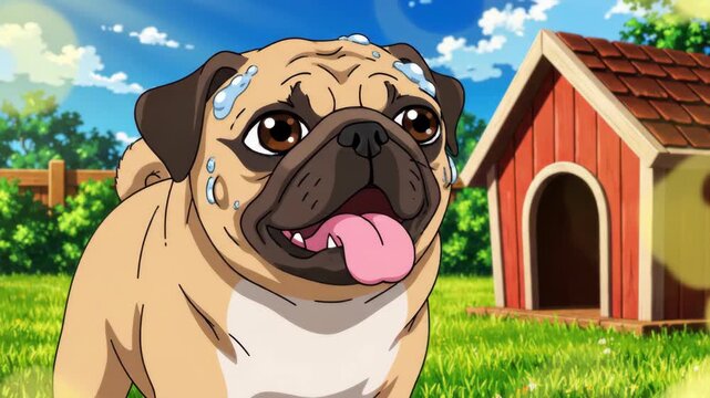 Animated pug dog portrait with dog house in sunny outdoor scene