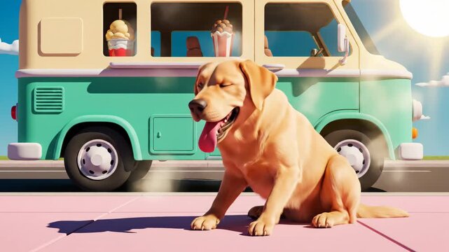 Animated labrador retriever dog and ice cream truck scene on sunny day