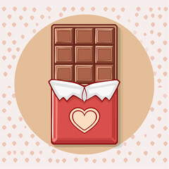 A detailed illustration of a chocolate bar, partially unwrapped, with a heart symbol on the packaging.