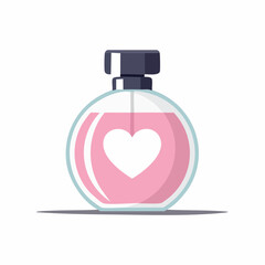 Flat illustration of a round glass perfume bottle with pink liquid and a white heart on the front, symbolizing love and fragrance.