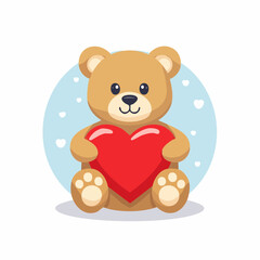 A cute cartoon teddy bear holding a large red heart in its paws, with a light blue background and small white hearts.