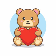 Cute cartoon teddy bear holding a big red heart, sitting with a light blue circle background.