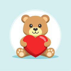 A cute cartoon teddy bear sitting and holding a big red heart, expressing love.