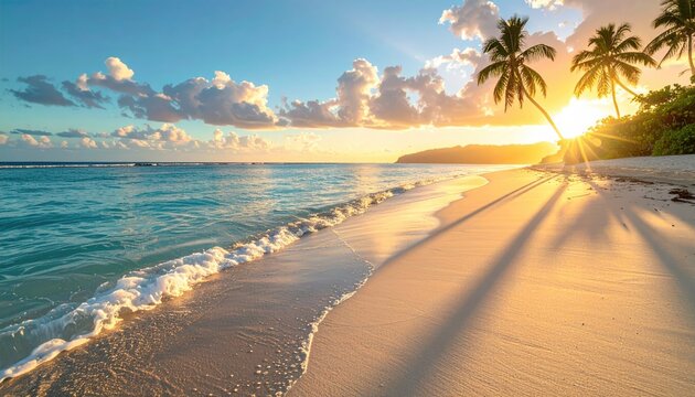 Warm golden sunset casting long shadows across a sandy beach with gentle turquoise waves lapping the shore and palm trees silhouetted against the vibrant sky - Powered by Adobe