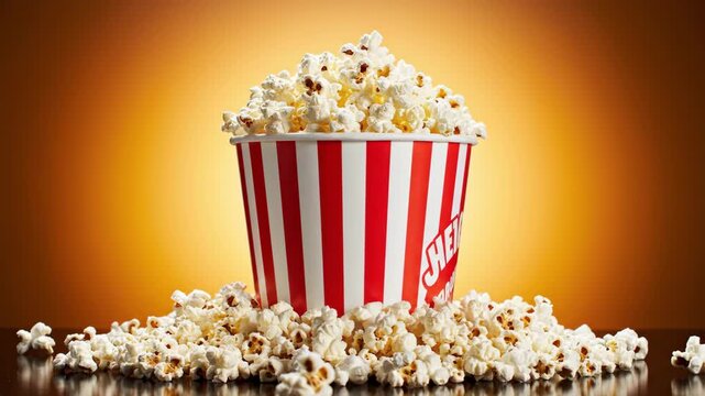 Overflowing bucket of buttery popcorn on a reflective surface, capturing the cinema experience. A perfect element for Animation 4k