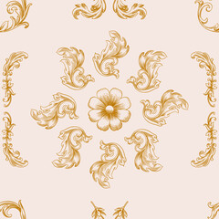 Fototapeta premium Vintage Baroque or renaissance Seamless pattern hand drawn Victorian set of ornament floral elements engraved retro flower decorative design heraldic swirls.