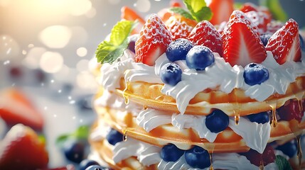 Obraz premium Indulge in this decadent stacked waffle tower bursting with fresh strawberries, blueberries, and creamy whipped topping
