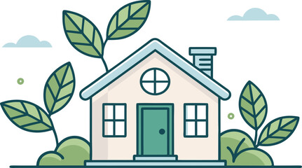 Charming eco friendly house illustration symbolizing sustainable living and green real estate, inviting and serene concept