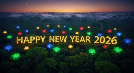 Happy New Year 2026 Festive Light Display Over Forest Canopy