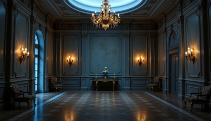 Obraz premium Dark and moody nighttime shot of an empty elegant room, bathed in soft diffused lighting