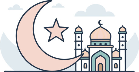 Serene crescent moon and star alongside a beautiful mosque, evoking Islamic culture and spiritual celebration for Ramadan and Eid