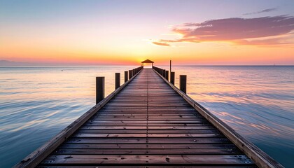 Fototapeta premium Wooden Pier Extending Into Calm Ocean During Golden Hour Sunset With Dramatic Clouds Reflecting On Water