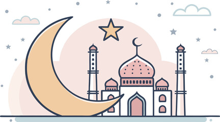 Elegant crescent moon and mosque illustration for Islamic holidays, Ramadan, Eid celebrations, and cultural events, evoking peace and spirituality.