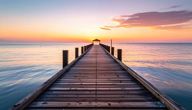 Wooden Pier Extending Into Calm Ocean During Golden Hour Sunset With Dramatic Clouds Reflecting On Water