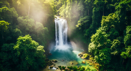 Fototapeta premium Stunning Aerial View of Powerful Waterfall in Dense Tropical Jungle – Misty Rainforest Atmosphere, Emerald Pool, Natural Paradise, Eco Adventure, and Untouched Wilderness Landscape
