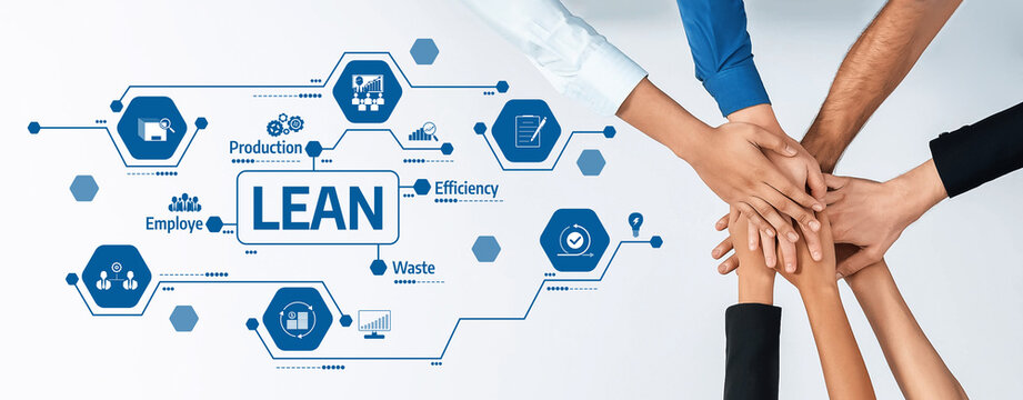 This image features a dynamic representation of teamwork and lean management principles, highlighting production, efficiency and waste reduction in a modern workplace. Amity