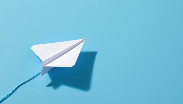 A white paper airplane casting a shadow on a blue background, suggesting travel, business ideas, leadership, success, teamwork