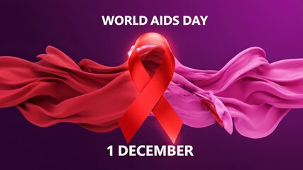 Commemorating World AIDS Day on December 1st with the iconic red ribbon, a global symbol for HIV awareness and solidarity, against a dynamic background. Animation 4k