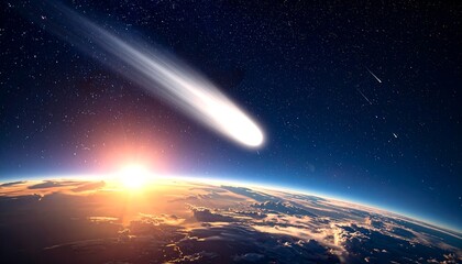 A celestial scene of a bright comet streaking across a dark, star-filled space. A planet is seen in the foreground with sunlight