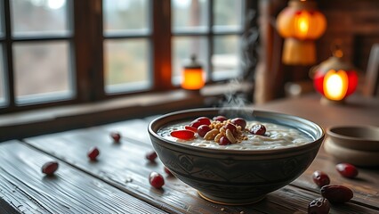 laba. Steaming bowl of Laba porridge with dates and nuts on wooden table. menu design, packaging mockups, designed for culinary blogs and recipe cards for restaurants, supports restaurant marketing.