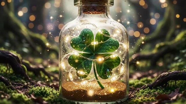 Four leaf clover in a glass bottle with glowing lights magical concept