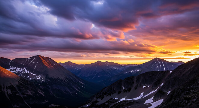 Mountain range under a dramatic sky at sunset or sunrise