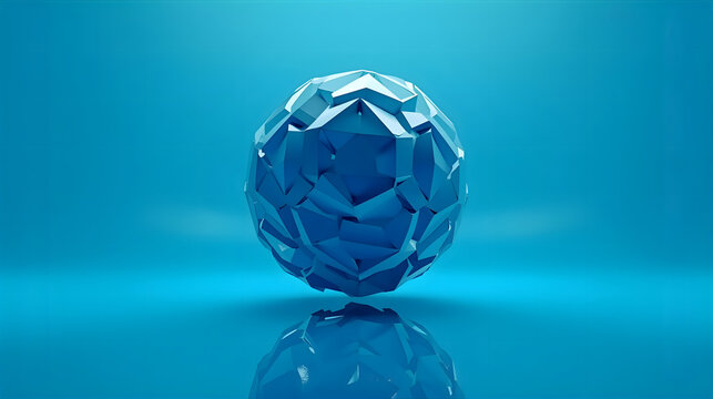 A low-poly blue sphere with a faceted surface sits on a reflective blue surface against a gradient blue background.