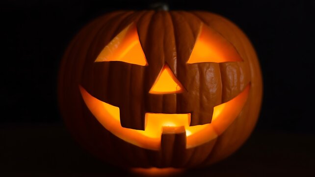 Glowing Jack-o’-Lantern Pumpkin with Carved Face on Black Background