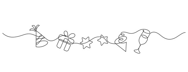 Fototapeta na wymiar new year party celebration decorate one line drawing continuous. cute icon symbol divider ornate minimalism thin line illustration