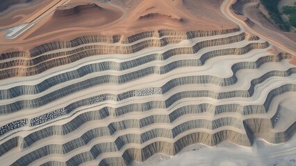 unanimity. Terraced artificial hills from mining waste, barren gray landscape in aerial view, industrial aftermath. ESG reports.