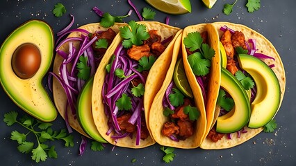 carnitas. Overhead view of authentic Mexican street tacos with pork carnitas, avocado, and vibrant garnishes. menu design.