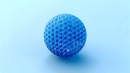 A textured blue sphere with a repeating hexagonal pattern casting a soft shadow on a light blue background.