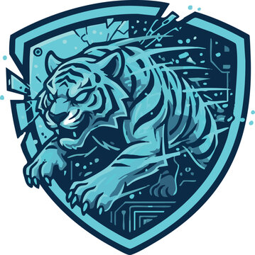 A dynamic blue and cyan digital tiger emblem with shattered effects and circuit board patterns on a shield.