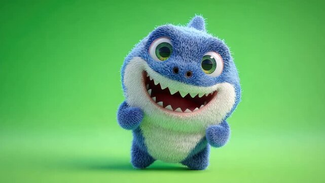 Cartoonish blue shark with fluffy fur, set against a solid lime green background