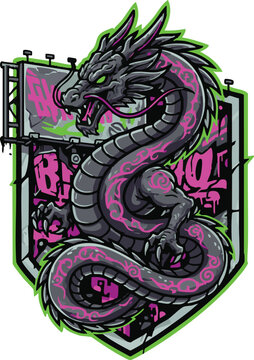 An intimidating mythical Asian dragon with intricate pink oriental patterns, set against a shield with urban graffiti elements and glowing green accents