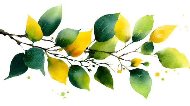 A delicate watercolor branch featuring vibrant green and yellow leaves, perfect for autumn-themed design projects or nature-inspired decor.